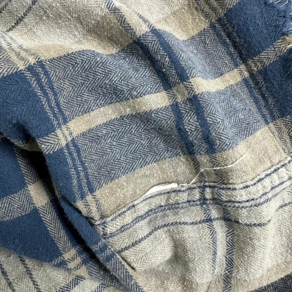 Retrofit Mens‎ Large Plaid Distressed Flannel Shirt Blue Tan Grunge